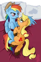 Size: 1024x1551 | Tagged: safe, artist:rastaquouere69, derpibooru import, applejack, rainbow dash, accessory swap, appledash, female, freckles, lesbian, shipping