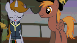 Size: 854x480 | Tagged: safe, artist:teschke, derpibooru import, oc, oc:calamity, oc:littlepip, unofficial characters only, pegasus, pony, unicorn, fallout equestria, fanfic, animated, clothes, fallout, fanfic art, female, gif, hat, horn, male, mare, pipbuck, stallion, vault suit, wings