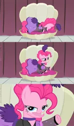 Size: 1280x2160 | Tagged: artist:capnpea, bedroom eyes, derpibooru import, edit, edited screencap, fimbriae, nightmare fuel, not salmon, over a barrel, pinkie pie, safe, saloon dress, saloon pinkie, screencap, wat