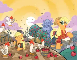 Size: 1000x771 | Tagged: apple, applejack, applejack bunyan, artist:tonyfleecs, axe, babe the blue ox, chicken, cover, cow, derpibooru import, filly, johnny appleseed, macro, paul bunyan, safe