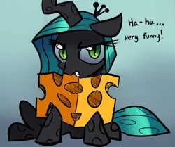 Size: 2227x1859 | Tagged: artist:gsphere, changeling, changeling queen, cheese, cheeselegs, cute, cutealis, derpibooru import, female, glare, gritted teeth, looking at you, queen chrysalis, queen swissalis, safe, sitting, solo, unamused