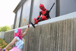 Size: 960x640 | Tagged: artist:chronocrusader5, artist:kawazu13, cosplay, crossover, deadpool, derpibooru import, gun, human, irl, irl human, photo, pinkie pie, safe, weapon