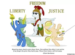 Size: 1071x792 | Tagged: 1st awesome platoon, artist:ethanchang, balance, balance scale, blindfold, book, braid, crown, derpibooru import, freedom, helmet, justice, liberty, liberty statue, libra, nudity, ponified, safe, sheath, shield, statue of liberty, sword, torch, united states