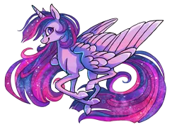 Size: 847x607 | Tagged: safe, artist:griffsnuff, derpibooru import, twilight sparkle, twilight sparkle (alicorn), alicorn, pony, ethereal mane, female, galloping, horn, mare, simple background, smiling, solo, starry mane, white background, wings