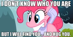 Size: 625x323 | Tagged: caption, derpibooru import, edit, grin, image macro, imma snuggle you, imminent hape, impact font, implied hugging, meme, non-consensual cuddling, phone, pinkie pie, safe, solo, taken