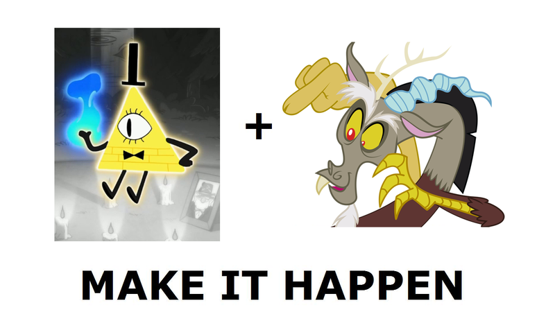 Size: 1337x796 | Tagged: bill cipher, crossover, derpibooru import, discord, dreamscaperers, exploitable meme, gravity falls, make it happen, meme, meta, safe