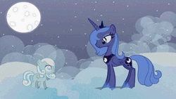 Size: 600x338 | Tagged: safe, artist:nyanrose, derpibooru import, princess luna, oc, oc:snowdrop, alicorn, pegasus, pony, animated, blind, cloud, cloudy, cute, eyes closed, female, filly, hnnng, looking at each other, mare, moon, s1 luna, smiling, sunshine sunshine, updated, weapons-grade cute