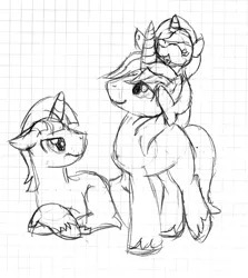 Size: 843x947 | Tagged: safe, artist:starryoak, derpibooru import, prince blueblood, twilight sparkle, oc, pony, unicorn, art trade, dusk shine, gay, graph paper, half r63 shipping, lineart, magical gay spawn, male, mama twilight, monochrome, offspring, parent:dusk shine, parent:prince blueblood, parent:twilight sparkle, parents:twiblood, ponies riding ponies, rule 63, shipping, sketch, traditional art, twiblood, unicorn twilight, unshorn fetlocks, wip