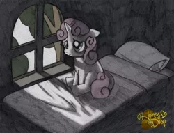 Size: 800x612 | Tagged: artist:honey-drop, bed, dark, derpibooru import, sad, safe, solo, sweetie belle, window