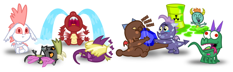 Size: 1704x528 | Tagged: age regression, artist needed, baby, baby dragon, baff, blanket, clawsucking, clump, crackle, crying, cute, derp, derpibooru import, dragon, fizzle, frown, fume, garble, gem, hair over eyes, happy, hilarious in hindsight, lol, looking at you, lying down, nom, ocular gushers, open mouth, radioactive, radioactive waste, sad, safe, sitting, sleeping, smiling, spear (dragon), teenaged dragon, text, uvula, vex, whip(dragon), wide eyes, wink, younger, zzz