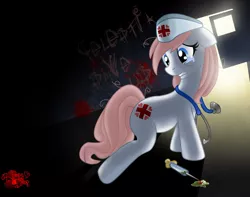 Size: 1000x787 | Tagged: semi-grimdark, artist:honey-drop, derpibooru import, nurse redheart, earth pony, blood, crying, door, female, mare, messy mane, solo, stethoscope, syringe