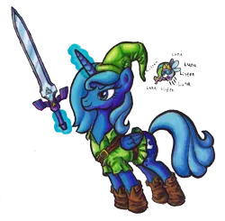 Size: 1269x1246 | Tagged: safe, artist:darkone10, derpibooru import, princess celestia, princess luna, alicorn, parasprite, pony, clothes, crossover, duo, female, hat, magic, magic aura, mare, master sword, navi, nintendo, paraspritized, s1 luna, simple background, species swap, telekinesis, the legend of zelda, traditional art, transparent background