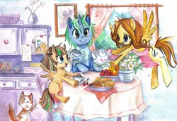 Size: 1741x1198 | Tagged: apron, artist:paulina-ap, breakfast, cat, chair, clothes, cup, derpibooru import, family, filly, flower, flying, food, grin, magic, oc, open mouth, parent, safe, sitting, smiling, spread wings, table, teapot, traditional art, unofficial characters only