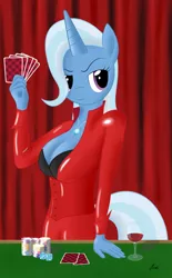 Size: 1000x1614 | Tagged: safe, artist:kasaler, derpibooru import, trixie, anthro, blackjack, bra, breasts, busty trixie, card, casino, cleavage, clothes, craps, dice, die, female, image, latex, latex suit, necklace, png, poker, solo, underwear