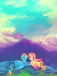 Size: 900x1200 | Tagged: safe, artist:syntactics, derpibooru import, rainbow dash, spitfire, pegasus, pony, female, grass, lesbian, mare, prone, shipping, sky, spitdash