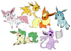 Size: 600x434 | Tagged: safe, artist:gjkou, derpibooru import, applejack, fluttershy, pinkie pie, rainbow dash, rarity, twilight sparkle, espeon, flareon, glaceon, jolteon, leafeon, sylveon, book, crossover, deviantart watermark, eeveelutions, image, mane six, ninfia, nymphia, obtrusive watermark, png, pokémon x and y, species swap, watermark