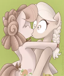 Size: 500x596 | Tagged: safe, artist:susiebeeca, derpibooru import, apple rose, granny smith, pony, bipedal, female, incest, kissing, lesbian, sepia, shipping, surprise kiss, surprised, young granny smith, younger