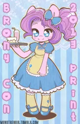 Size: 1515x2329 | Tagged: safe, artist:lolopan, derpibooru import, pinkie pie, anthro, bronycon, 2013, apron, bow, clothes, dessert, dress, food, lace effects, looking at you, milkshake, pinstripes, ponytail, print, shoes, simple background, smiling, socks, solo, tray, waitress, wingding eyes