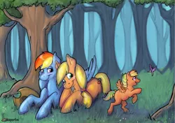 Size: 1024x719 | Tagged: safe, artist:reaperfox, derpibooru import, applejack, rainbow dash, oc, oc:applejoy, butterfly, appledash, female, lesbian, magical lesbian spawn, offspring, parent:applejack, parent:rainbow dash, parents:appledash, shipping