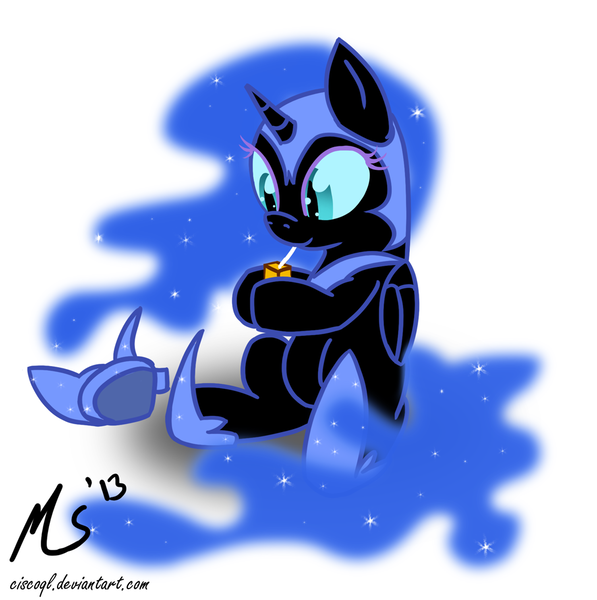 Size: 995x1000 | Tagged: artist:ciscoql, cute, derpibooru import, filly, juice box, nightmare moon, nightmare woon, safe, solo