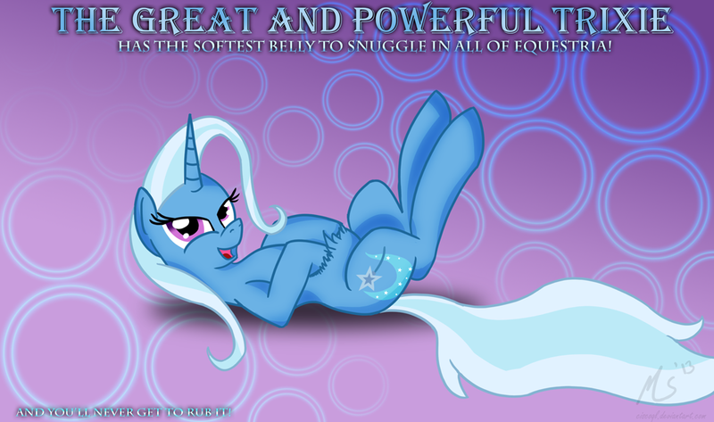 Size: 1000x591 | Tagged: safe, artist:ciscoql, derpibooru import, trixie, pony, unicorn, bellyrubs, female, mare, on back, solo