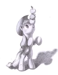 Size: 835x1086 | Tagged: apple, applejack, artist:cannibalus, balancing, bipedal, derpibooru import, juggling, monochrome, ponies balancing stuff on their nose, safe, solo, traditional art
