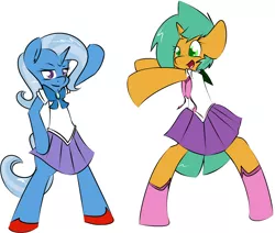 Size: 1280x1084 | Tagged: dead source, safe, artist:kryptchild, derpibooru import, snails, trixie, pony, bipedal, boots, bow, clothes, commission, crossdressing, crossover, glitter shell, happy, male, sailor moon, shoes, skirt, trap