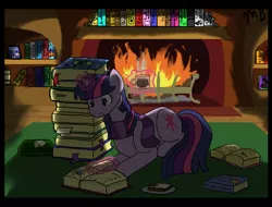 Size: 3312x2512 | Tagged: artist:moonstruck-badger, book, derpibooru import, fireplace, library, magic, pile, reading, safe, solo, twilight sparkle