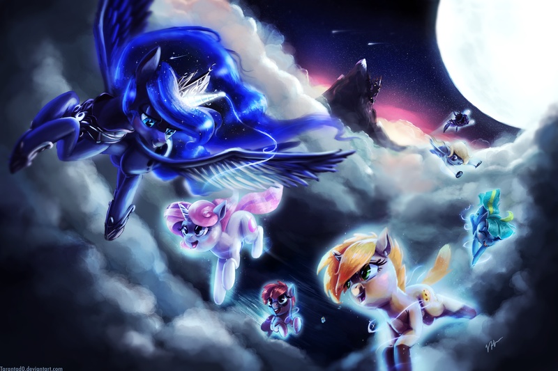 Size: 5400x3600 | Tagged: absurd resolution, artist:tarantad0, baby moondancer, children of the night, colt, derpibooru import, filly, flying, male, moon, night, oc, oc:gari, oc:magpie, oc:night light, oc:spirit, oc:wind whisper, princess luna, safe