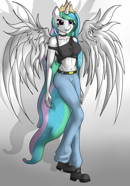Size: 2816x4027 | Tagged: anthro, artist:malamol, belly button, breasts, busty princess celestia, clothes, derpibooru import, female, midriff, nipple outline, nipples, pants, princess celestia, shoes, simple background, smiling, solo, solo female, suggestive