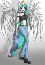 Size: 2816x4027 | Tagged: anthro, artist:malamol, belly button, breasts, busty princess celestia, clothes, derpibooru import, female, midriff, nipple outline, nipples, pants, princess celestia, shoes, simple background, smiling, solo, solo female, suggestive