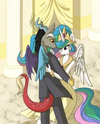 Size: 1274x1575 | Tagged: safe, artist:catsncupcakes, derpibooru import, discord, princess celestia, anthro, clothes, dancing, dislestia, dress, female, male, shipping, smiling, straight, suit