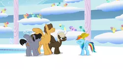 Size: 1280x720 | Tagged: safe, derpibooru import, screencap, dizzy twister, dumbbell, hoops, lyra heartstrings, merry may, orange swirl, parasol, quarterback, rainbow dash, rainbowshine, sassaflash, spring melody, sprinkle medley, wing wishes, pegasus, pony, sonic rainboom (episode), background pony audience, billy, cloud, cloudiseum, cloudy, crown, duality, female, male, mare, score, stallion