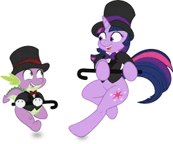 Size: 6029x5046 | Tagged: safe, artist:joey darkmeat, artist:tim015, derpibooru import, spike, twilight sparkle, pony, absurd resolution, bipedal, clothes, dancing, gloves, hat, simple background, suit, top hat, transparent background, vector