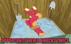 Size: 754x465 | Tagged: safe, derpibooru import, edit, edited screencap, screencap, big macintosh, earth pony, pony, hearts and hooves day (episode), animation error, bed, faceplant, hearts and hooves day, image macro, male, mattress, pit, shovel, stallion