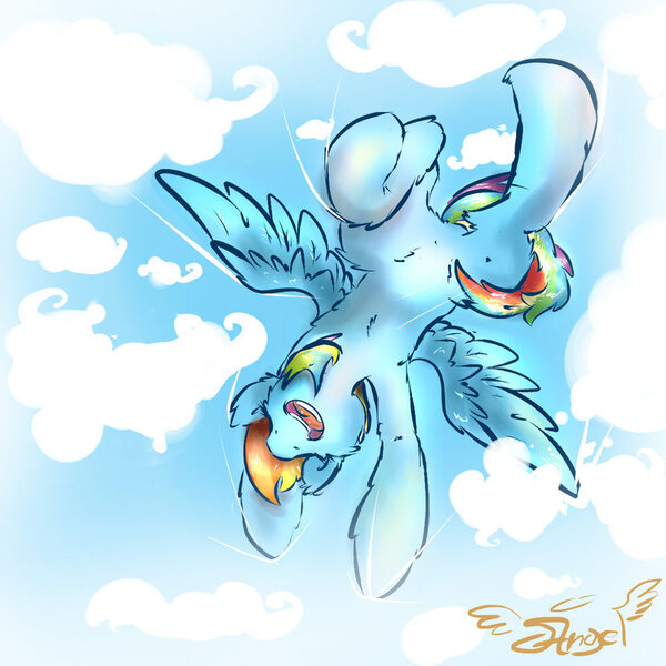 Size: 894x894 | Tagged: safe, artist:angelwing314, derpibooru import, rainbow dash, falling, flying, sky, solo, vertigo