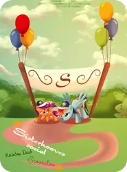 Size: 900x1219 | Tagged: artist:tiffanymarsou, balloon, baseball cap, derpibooru import, hat, hilarious in hindsight, rainbow dash, safe, scene parody, scootaloo, scootalove, sisterhooves social