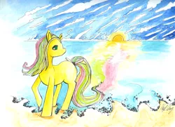 Size: 1024x743 | Tagged: artist:divinisity, beach, derpibooru import, g1, safe, solo, tootie tails, traditional art, tropical ponies