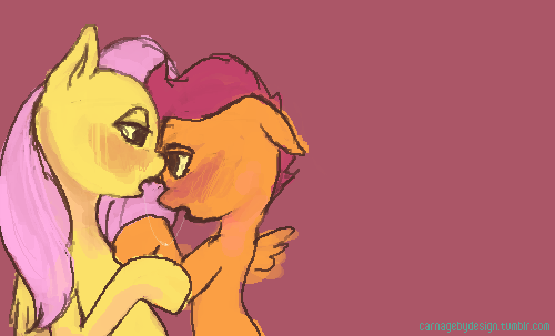 Size: 500x303 | Tagged: artist:ninthsphere, blushing, drool, drool string, female, fluttershy, foalcon, kissing, lesbian, mare on filly, scootaloo, scootashy, shipping, sloppy kissing, suggestive