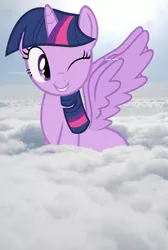 Size: 800x1192 | Tagged: safe, derpibooru import, twilight sparkle, twilight sparkle (alicorn), alicorn, pony, cloud, cloudy, female, giant pony, giantess, grin, macro, mare, mega twilight sparkle, plane, sky, smiling, solo, spread wings, wink