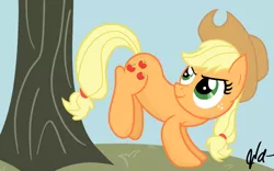 Size: 1280x800 | Tagged: safe, artist:brassironhoof, derpibooru import, applejack, applebucking, bucking, solo, tree