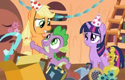 Size: 4000x2572 | Tagged: safe, artist:wildtiel, derpibooru import, applejack, spike, twilight sparkle, applespike, birthday, female, golden oaks library, hat, hug, male, party hat, scene interpretation, shipping, straight, vector