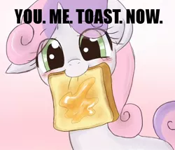 Size: 700x600 | Tagged: safe, artist:yubi, derpibooru import, sweetie belle, pony, unicorn, blushing, bread, butter, cute, diasweetes, female, filly, food, looking at you, mouth hold, solo, toast, you. me. x. now.