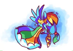 Size: 951x660 | Tagged: safe, artist:arrowchime, derpibooru import, rainbow dash, pegasus, pony, clothes, dress, female, flying, gala dress, solo, spread wings, text, wings, wreath