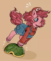 Size: 2640x3112 | Tagged: safe, artist:superlucky13, derpibooru import, pinkie pie, earth pony, pony, colored pupils, female, mare, mario, mario pie, nintendo, overalls, parody, simple background, solo, super mario bros., turtle shell, unshorn fetlocks