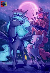 Size: 3382x4961 | Tagged: safe, artist:jowybean, derpibooru import, pinkie pie, princess luna, alicorn, earth pony, pony, cake, cutie mark, duo, female, food, happy, hoers, horn, jewelry, looking at each other, moon, night, one eye closed, realistic, regalia, stars, tongue out, wings, wink