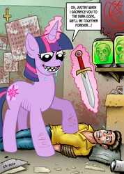 Size: 640x900 | Tagged: semi-grimdark, artist:curtsibling, derpibooru import, twilight sparkle, human, pony, unicorn, 666, anti-christ, blood, crying, drool, female, insanity, justin bieber, levitation, magic, male, mare, number of the beast, pentagram, rope, sacrifice, satan, satanic, scared, self harm, six six six, skull, sword, telekinesis, the number of the beast, tied, tied up