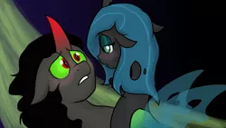 Size: 1366x768 | Tagged: artist:riquis101, blushing, chrysombra, derpibooru import, female, king sombra, male, queen chrysalis, safe, shipping, straight