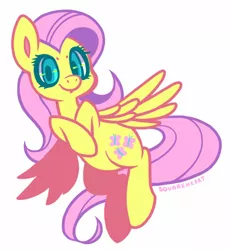 Size: 391x425 | Tagged: safe, artist:zhampy, derpibooru import, fluttershy, pegasus, pony, female, flying, looking at you, mare, simple background, smiling, solo, white background