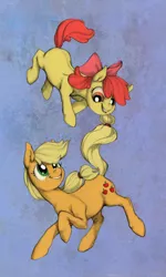 Size: 540x900 | Tagged: apple bloom, applejack, artist:purmu, artist:scarletvye, derpibooru import, safe